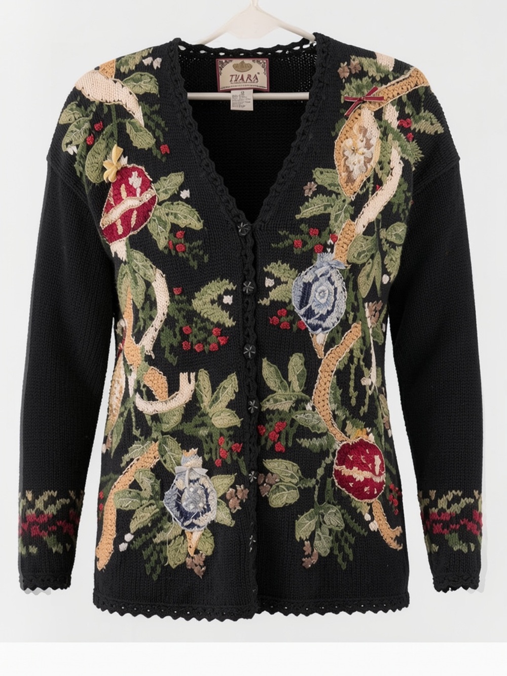 Vintage Tiara Ugly Christmas Sweater Cardigan Holiday Ornaments Beaded Metallic